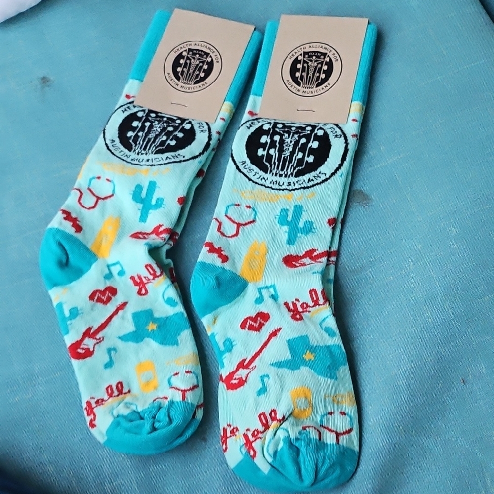2 New W Tag, Austin Musicians Health Alliance HAAM Sock Club Music-Themed Socks